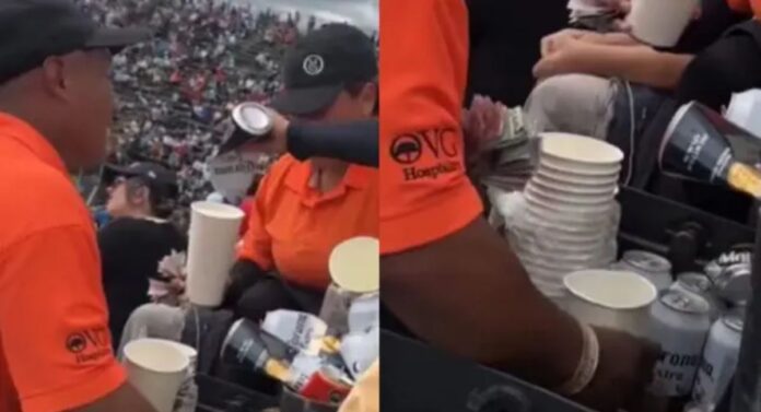 VIDEO evidencia a vendedores echando agua sucia a vasos de chelas en Nascar. (Captura)